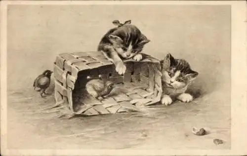 Ak Zwei Katzen, Küken im Korb