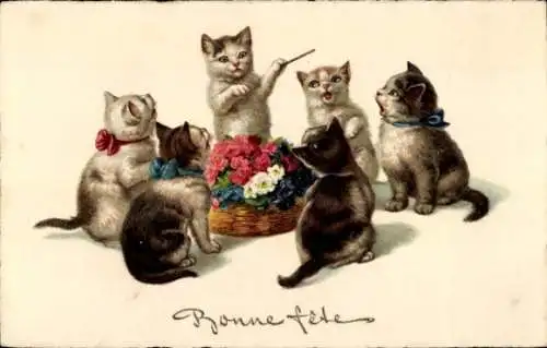 Ak Glückwunsch, Singende Katzen, Blumen