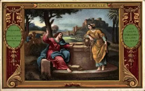 Passepartout Ak Menschen am Brunnen, Werbung, Schokolade, Chocolaterie d'Aiguebelle
