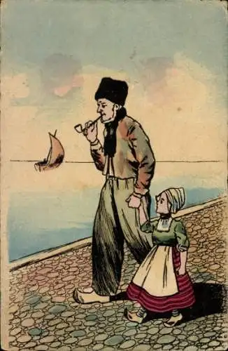 Ak Niederländische Tracht, Rauchender Mann mit Enkeltochter