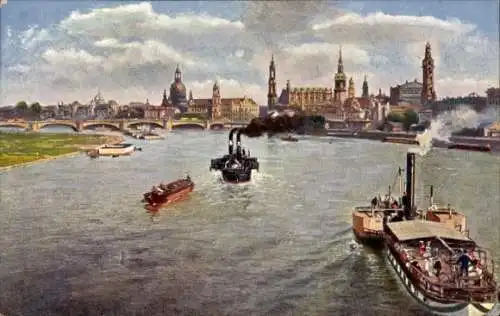 Ak Dresden Altstadt, Blick von Marienbrücke, Dampfschiffe