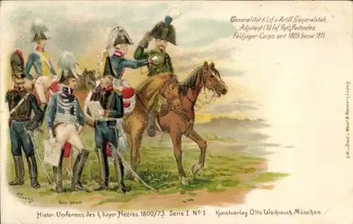 Litho Historische Uniformen des b. bayer. Heeres 1800/73 Serie I No. 1, Reitendes Feldjäger Corps