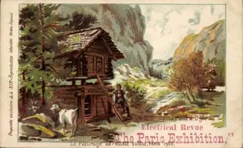 Künstler Litho Paris, Ausstellung 1900, Die Weide und der Bach, Schweizer Dorf