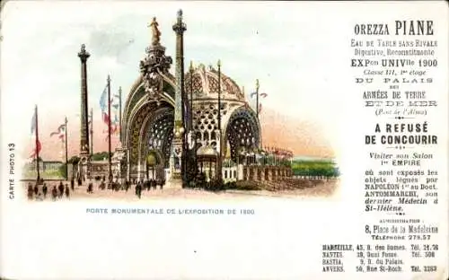 Litho-Weltausstellung 1900, Monumentaltor, Reklame, Orezza Piane
