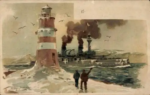 Künstler Litho Stöwer, Willy, Friedrichsort Kiel, Deutsches Kriegsschiff, Leuchtturm, Winter