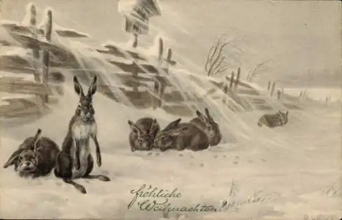 Künstler Ak Glückwunsch Weihnachten, Hasen, Schnee, Zaun