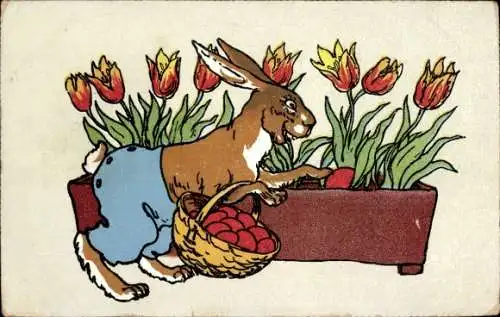 Ak Ostern, Hase legt ein Ei in den Blumenkasten
