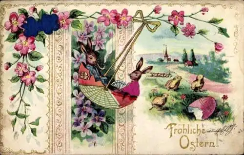 Präge Stoff Litho Glückwunsch Ostern, Hasen, Schaukel, Küken, Blumen