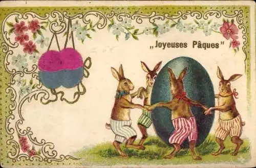 Präge Stoff Litho Glückwunsch Ostern, Osterhasen tanzen um Ei herum