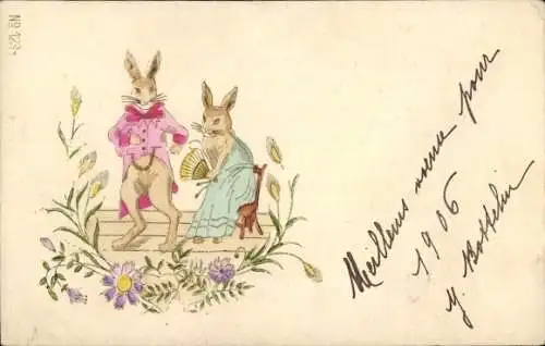 Präge Litho Gekleidete Hasen, Liebespaar, Blumen, Fächer