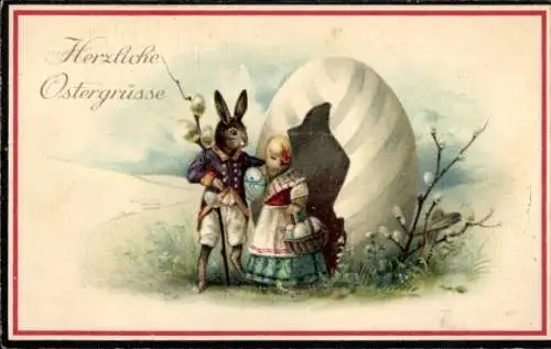 Ak Glückwunsch, Ostern, Osterhase, Küken, Ostereier als Haus, Weidenkätzchen