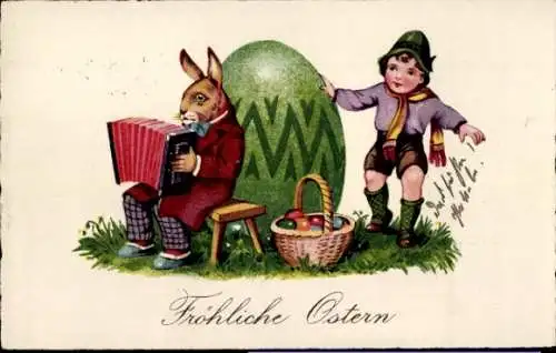 Ak Glückwunsch Ostern, Osterhase spielt Musikinstrument, Ostereier, Kind