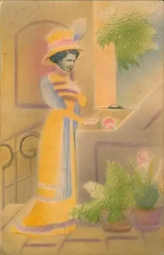 Relief Ak Frau mit Rose, Kitsch, Blumen, Gelbes Kleid, Hut