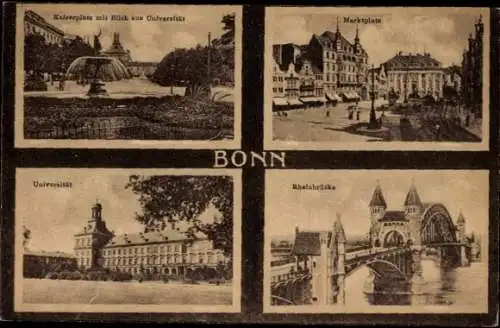 Ak Bonn am Rhein, Marktplatz, Universität, Rheinbrücke, Kaiserplatz, Springbrunnen, Altes Rathaus