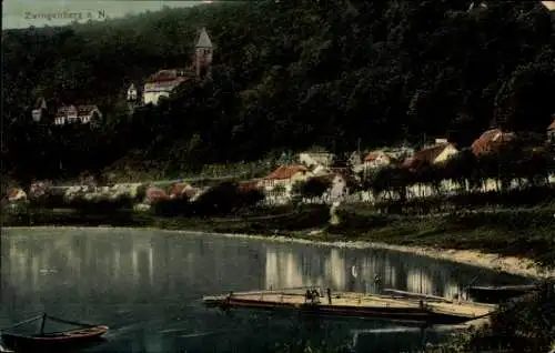 Ak Zwingenberg im Neckar Odenwald Kreis, Blick auf dem Ort mit Flusspartie, Boote
