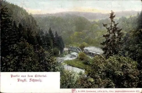 Ak Pöhl Vogtland, Partie aus dem Elstertal, Eisenbahnbrücke, Dampflok, Waldlandschaft