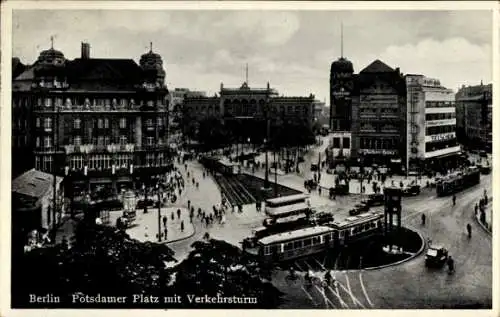 Ak Berlin Tiergarten, Potsdamer Platz, Verkehrsturm, Straßenbahn