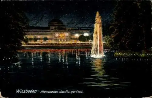Künstler Ak Wiesbaden, Kurhaus, Springbrunnen, Nachtbeleuchtung