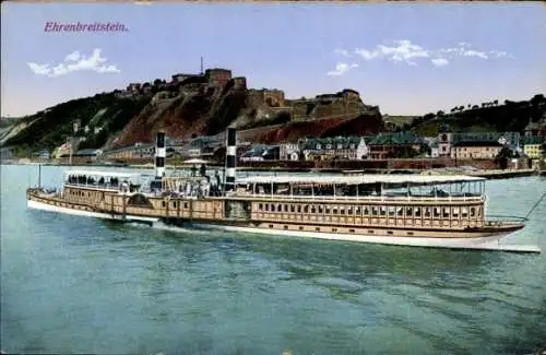 Ak Ehrenbreitstein Koblenz am Rhein, Teilansicht, Burg, Raddampfer