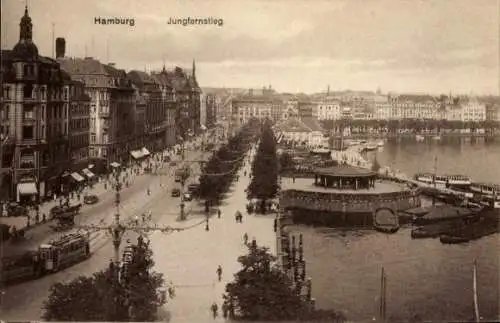 Ak Hamburg Mitte Neustadt, Jungfernstieg, Allee, Straßenbahn, Kirchturm