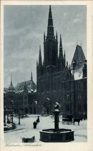 Ak Wiesbaden in Hessen, Schlossplatz, Kirche, Winteransicht