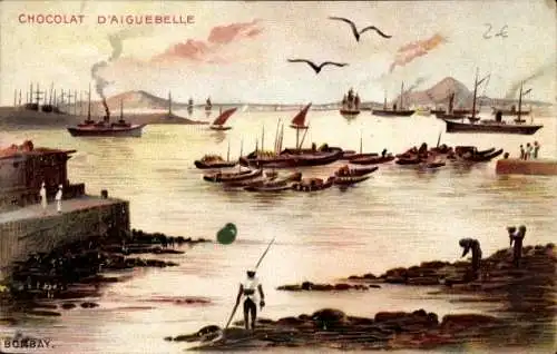 Künstler Ak Mumbai Bombay Indian, Hafenpartie, Reklame Chocolat d'Aiguebelle