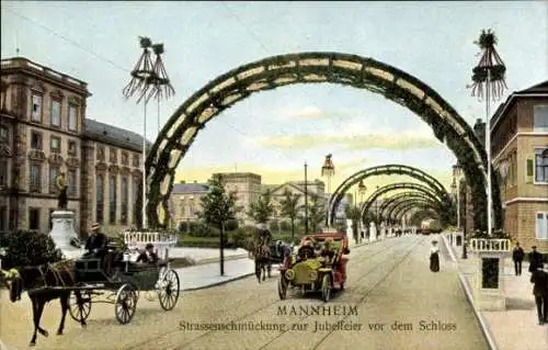 Ak Mannheim in Baden, Straßenschmückung zur Jubelfeier vor dem Schloss 1907