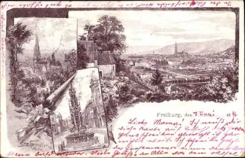 Künstler Ak Spindler, Erwin, Freiburg im Breisgau, Gesamtansicht, Kirche, Brunnen
