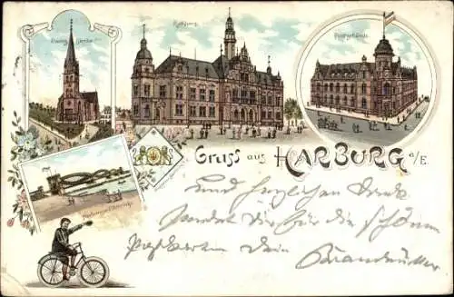 Litho Hamburg Harburg, Evangelische Kirche, Rathaus, Postamt, Elbbrücke