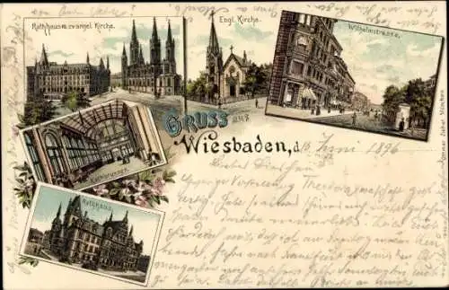 Litho Wiesbaden in Hessen, Rathaus, evangelische Kirche, Wilhelmstraße, Kochbrunnen