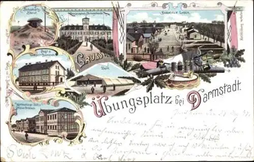 Litho Darmstadt in Hessen, Truppenübungsplatz, Barackenlager, Zelt, Post, Wachtcommando