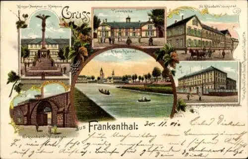Litho Frankenthal in Rheinland Pfalz, Turnhalle, Taubstummenanstalt, Erkenbert Museum, Hospital