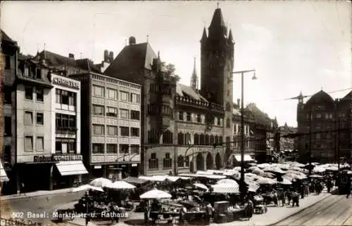 Ak Basel, Blick auf den Marktplatz und Rathaus, Christen Comestibles