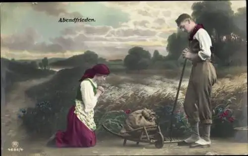 Ak Abendfrieden, Bauern beim Gebet