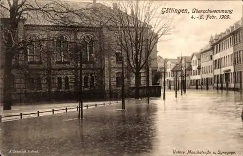 Judaika Ak Göttingen in Niedersachsen, Überschwemmung 1909, Untere Maschstraße, Synagoge