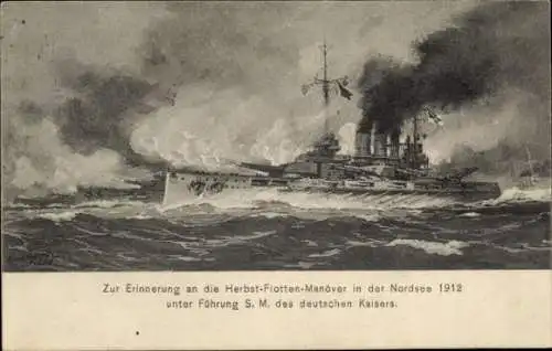 Künstler Ak Herbst-Flotten-Manöver in der Nordsee 1912, Deutsches Kriegsschiff