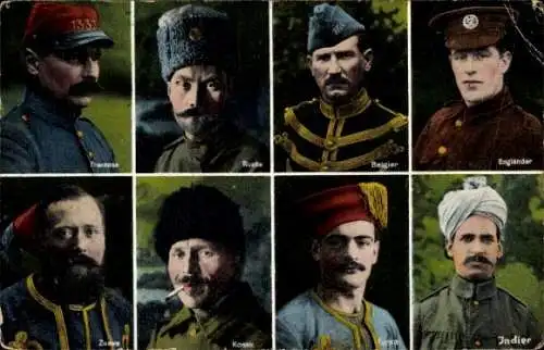 Ak Feinde Deutschlands, Franzose, Russe, Belgier, Engländer, Zuave, Kosak, Turko, Inder, I. WK