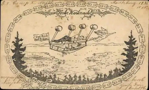 Passepartout Ak Glückwunsch Weihnachten, Engel, Schlafender Mann, Tannenbäume