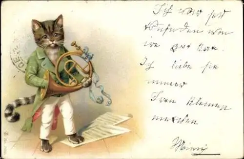 Litho Katze spielt Musikinstrument, Posthorn