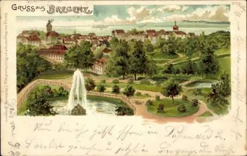 Litho Bregenz am Bodensee Vorarlberg, Gesamtansicht, Springbrunnen