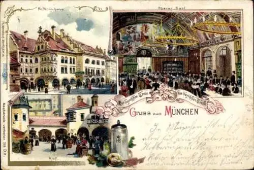 Litho München Bayern, Hofbräuhaus, Oberer Saal, Hof