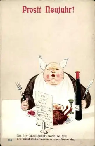 Ak Glückwunsch Neujahr, Mann am Tisch, Besteck, Sektflasche, Essen