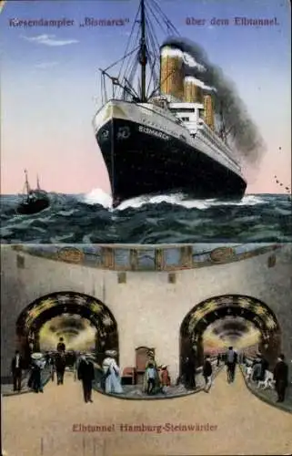 Ak Hamburg Mitte Steinwerder, Dampfschiff Bismarck über dem Elbtunnel, HAPAG