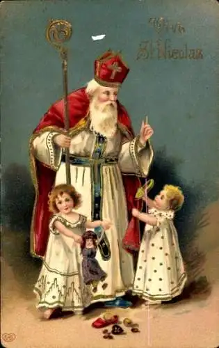 Präge Ak St. Nikolaus, Kinder, Puppe, Schuh, Geschenke