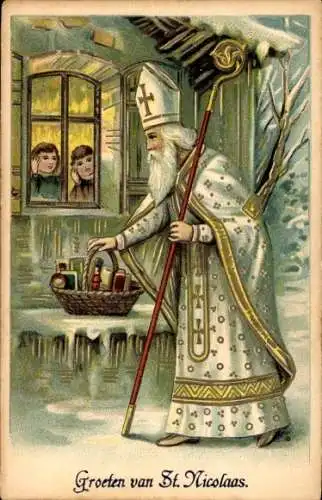 Präge Ak St. Nikolaus, Kinder am Fenster, Korb mit Geschenken