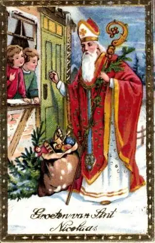 Ak St. Nikolaus, Kinder am Fenster, Sack mit Geschenken