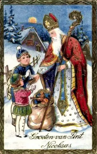 Präge Ak St. Nikolaus, Kinder, Sack mit Geschenken