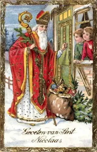 Präge Ak St. Nikolaus, Kinder am Fenster, Sack mit Geschenken