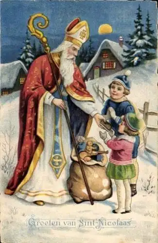 Ak St. Nikolaus, Kinder, Sack mit Geschenken