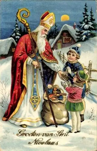 Ak St. Nikolaus, Kinder, Sack mit Geschenken